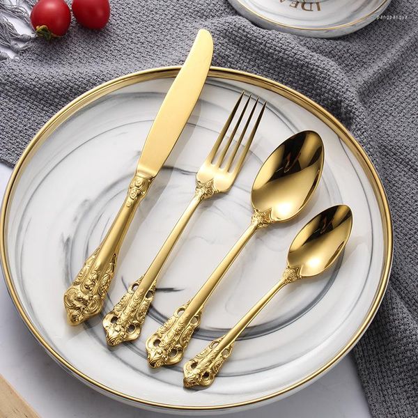 Ensembles de vaisselle Vintage Western plaqué or couverts 4 pièces couteaux à manger fourchettes cuillères à café ensemble doré luxe gravure vaisselle
