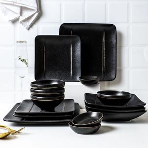 Ensembles de vaisselle, assiettes occidentales, plats carrés créatifs noirs givrés, plats japonais à bords dorés