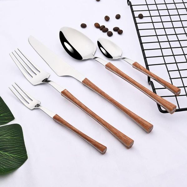 Juegos de vajilla Juego occidental Mango de madera Acero inoxidable 1/4/5 piezas Vajilla para carne Cuchillo para el hogar Tenedor Cuchara Cubiertos de té Cubiertos