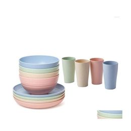 Ensembles de vaisselle Blé St Incassable Réutilisable Léger Bols Tasses Assiettes Vaisselle Cuisine Couverts Ensemble Détail Livraison Directe Hom252H