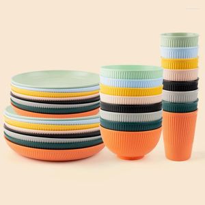 Ensembles de vaisselle Ensemble de couverts en paille de blé 4 pièces bol tasse plat kits de vaisselle portables pour pique-nique camping