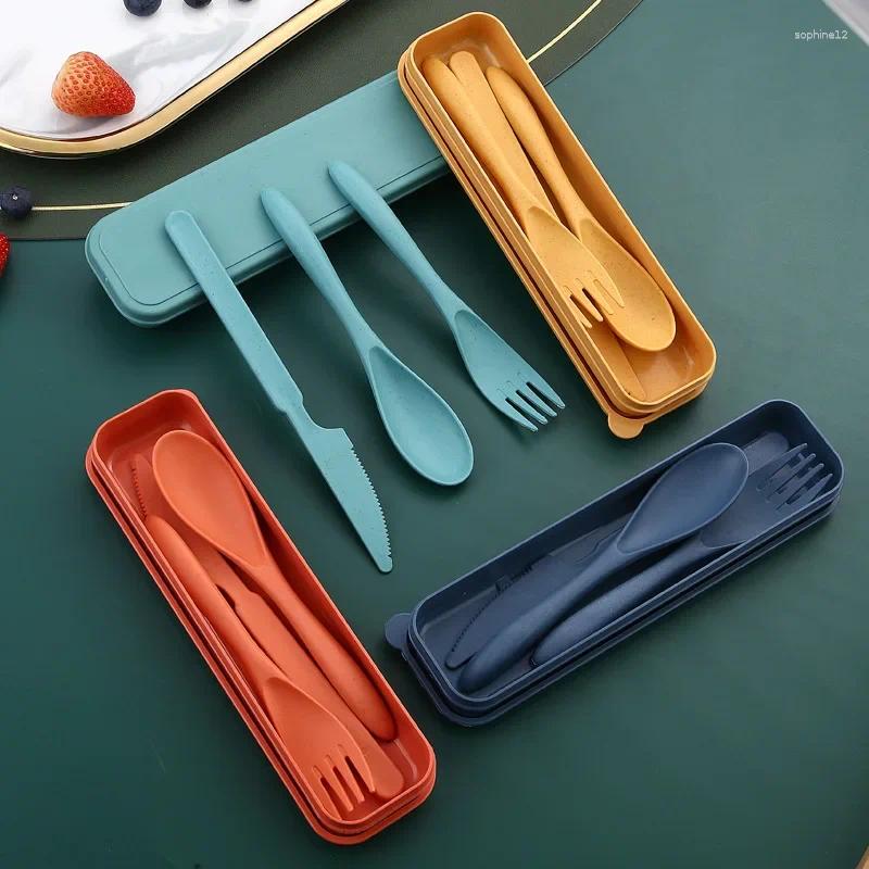 Dinnerware Sets Wheat Straw Cutlery Set With Box Spoon Fork Knife Portable Travel Lunch 3Pcs