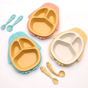 DINING SETS SETS Tarwe Straw Divider Bord eten Training draagbare lepel vork dinerborden set cartoon pinguïn kinderen servies cadeau wh0268