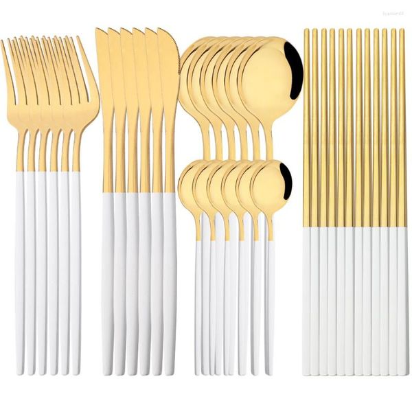 Juegos de vajilla de oro blanco, 30 Uds., cubiertos, cuchillo, tenedor, cuchara, juego de palillos de acero inoxidable, cubiertos, vajilla de cocina