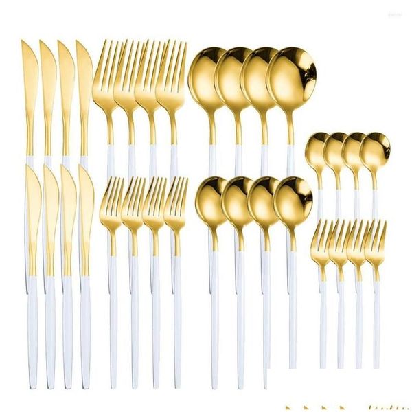 Ensembles de vaisselle Ensemble de couverts en or blanc en acier inoxydable 32pcs couteau fourchette cuillère fruits cuisine vaisselle couverts en gros goutte livraison Dhyfs