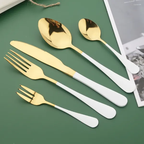 Ensembles de vaisselle Ensemble de couverts en or blanc Acier inoxydable 30pcs Vaisselle Couteau occidental Fourchette à gâteau Cuillère à café Couverts de cuisine