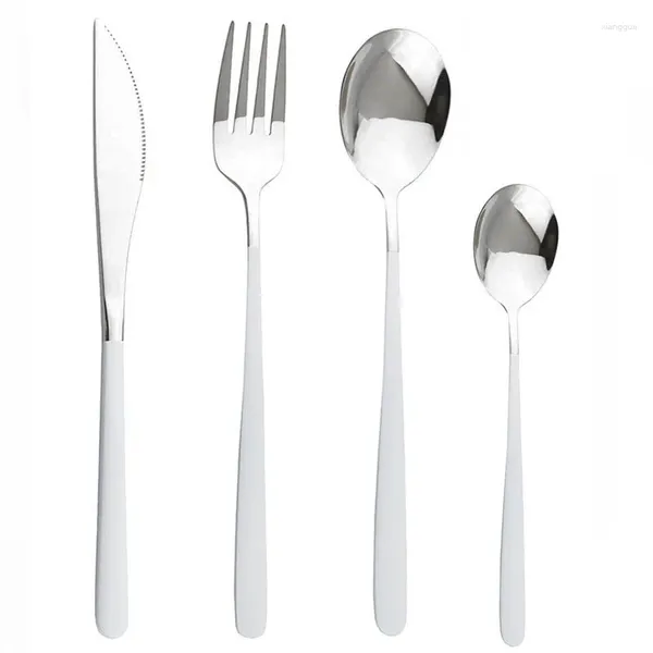 Ensembles de vaisselle en argent blanc, service de table en acier inoxydable 304, couteau, fourchette, cuillère, couverts portables, argenterie de voyage