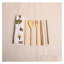 Juegos de vajilla de bambú de madera cucharadita de sopa de sopa de bifurcación de cubiertas con bolsas de tela