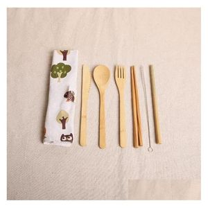 Ensembles de vaisselle en bambou en bois cuillère à café de fourchette fourche couteuse couteuse de restauration avec sac en tissu cuisine outils de cuisson des outils ustensiles
