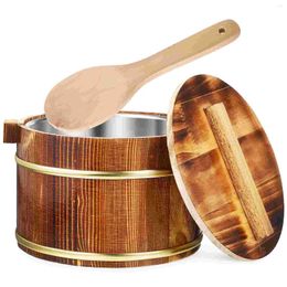 Juegos de vajilla cubo de arroz de madera barril al vapor con cuchara de revestimiento de acero inoxidable para cocina casera restaurante