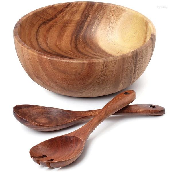 Juegos de vajilla Ensaladera de madera: tazón grande de madera de acacia de 9.4 pulgadas con cuchara que se puede usar para frutas