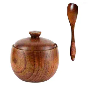 Ensembles de vaisselle Pot de boîte d'assaisonnements en bois: Pot d'assaisonnement Pot à condiments Caves Conteneur de stockage avec couvercle de cuillère pour les sauces au poivre et au sel