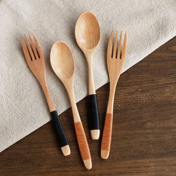 Juegos de vajilla Cuchara de madera Kit de tenedor Japonés Vintage Café Leche Fideos Pasta Tenedores Hechos a mano Vajilla para el hogar Herramientas de cocina