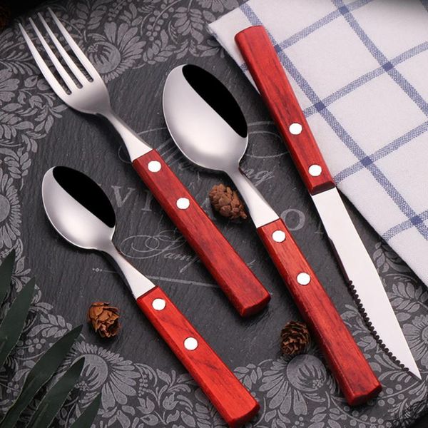 Ensembles de vaisselle, vaisselle en bois, fourchette cuillère couteau à dîner, couverts de cuisine, Steak en acier inoxydable avec manche en bois