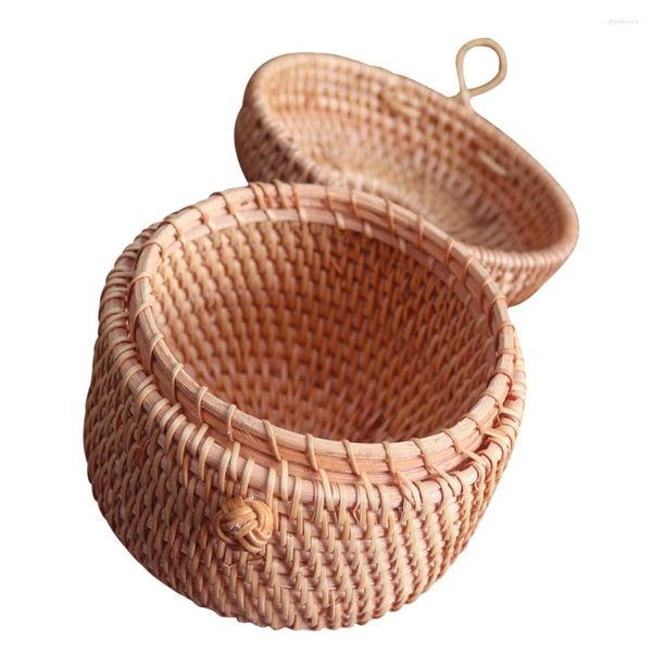 Set di stoviglie Cestini intrecciati Coperchi Scatola di immagazzinaggio rotonda Dado 13x13x13cm Intreccio Frutta Marrone chiaro Rattan Contenitori in plastica Casa Cucina Uovo