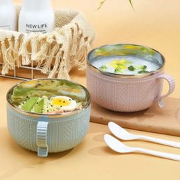 Vaisselle cuillère en acier inoxydable bol de nouilles coréennes boîte à déjeuner avec couvercle bols à soupe isolants motif tissé à double couche céréales Ramen
