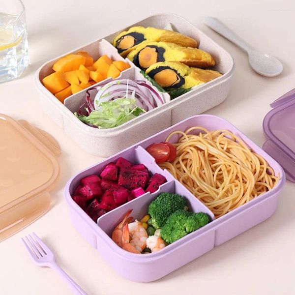 Vaisselle Boîte à Bento résistante aux taches 3 compartiments grande capacité avec fourchettes chauffage au micro-ondes bonne étanchéité fournitures de cuisine pour le déjeuner