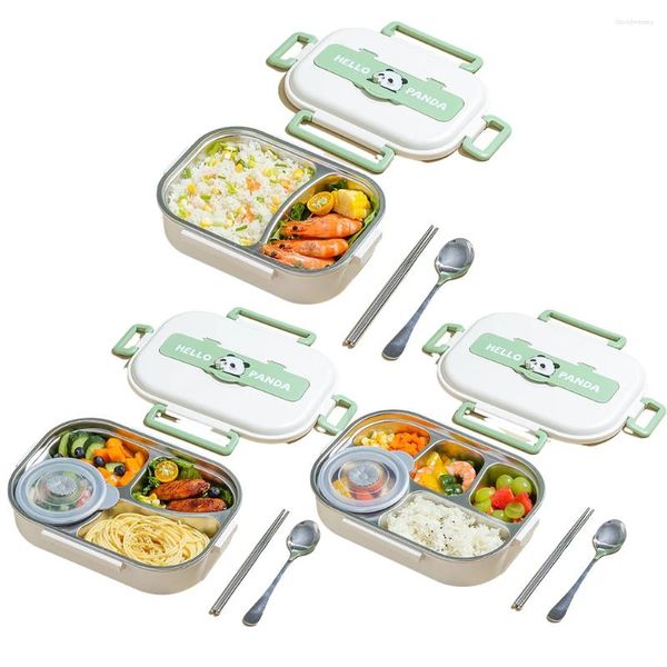 Vaisselle Boîte à lunch thermique en acier inoxydable Coffre-fort au micro-ondes 2/4/5 grilles Bento de conservation de la chaleur avec ensemble de couverts Panda pour adultes et enfants