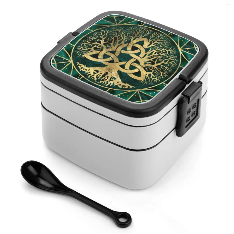 Dinnerware Tree Of Life With Triquetra Malachite And Gold Bento Box Portable Lunch Wheat Straw Storage Container Knot