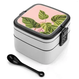 Boîte à Bento avec plantes tropicales roses et vertes, vaisselle, récipient thermique à 2 couches, maison saine