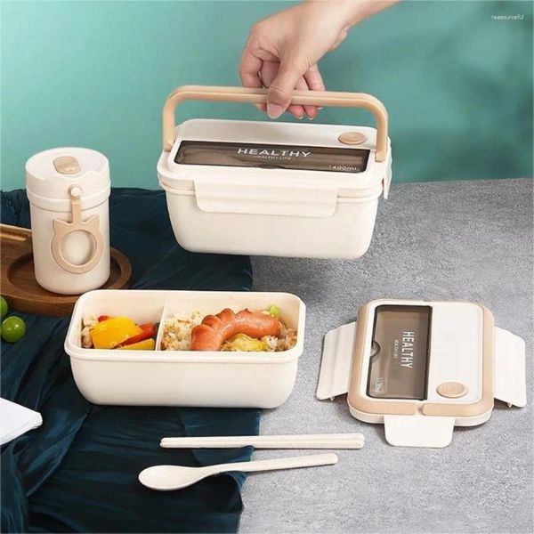 Vaisselle avec poignée pliable, boîte à déjeuner, conteneurs en plastique portables micro-ondables 1100/1400ml baguettes cuillère boîte à fruits