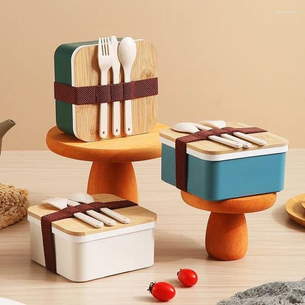 Vaisselle couvercle en bois boîte à déjeuner pique-nique Style japonais avec cuillère fourchette conteneur de stockage enfants enfants école bureau Bento