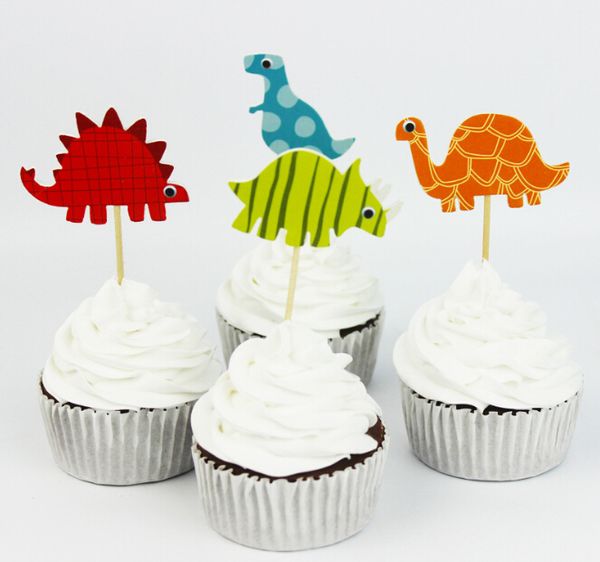 Décoration de gâteau dinosaure dessin animé, décoration de gâteau, carte d'insertion, fournitures de fête d'anniversaire avec bâtons, 24 pièces/paquet