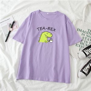 Dinosaur Brief Print Candy Dames T-shirt O-hals Korte Mouw Losse Casual Leuke Vrouwelijke Tshirts Zomer Harajukutops Meisjes 210518
