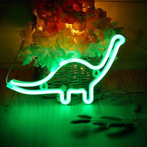 Dinosaurio Letrero de neón Luz nocturna USB Funciona con pilas Brillante Decorativo Color verde Luz LED Decoración de pared para habitaciones Fiesta Bar Decoraciones