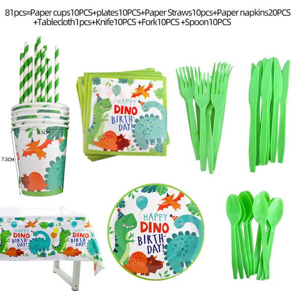 Dinosaur Party Platos y vasos desechables Set Juego de vajilla desechable Cake Topper Dino Globos Baby Show Niños Cumpleaños Decoración 211018