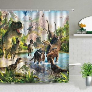 Dinosaurus print douche gordijnen groene plant landschap kinderen waterdicht badkamer gordijn met haak badkuip scherm jongen gift 211116