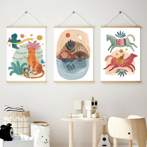 Dinosaur Wall Boho Art Children's Prints Tropical Plantes Tropical Jungle Leopard Affiches pour les enfants chambre bébé décor de décor