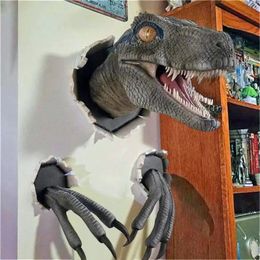 Dinosaurus wandmontage sculptuur 3D muur barsten hangende dinosaurus hoofd hars dinosaurus hoofd met klauwen home decor 240123