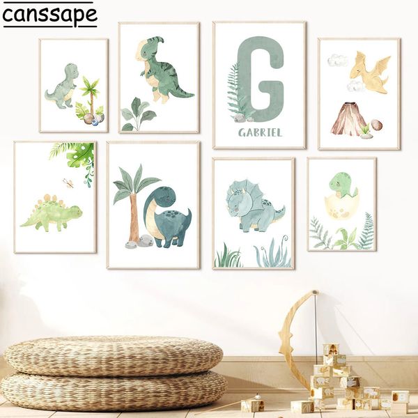 Dinosaures Art Imprimés Nom personnalisé Affiche Green Plant Imprimé photos Coconut Tree Affiches Nursery Wall Baby Boy Room Decor