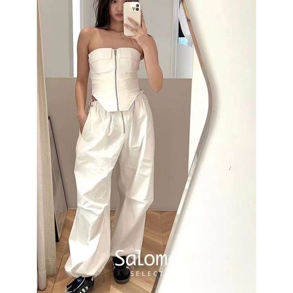 Dion Lee Yu Shuxin El mismo estilo de tela plisada con cordero y cinta, pantalones de trabajo delgados de la pierna ancha y delgada