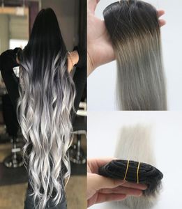 Dip and Dye Ombre Clip dans l'extension de cheveux humains Remy pleine tête foncé décoloration au gris vierge Clip ins Extensions 7 pièces 120gram1566909