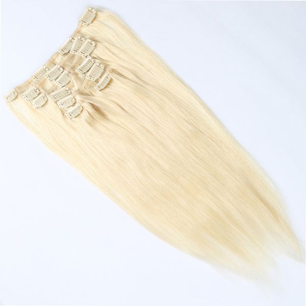 Prix ​​Factory Direct clip brésilien Remy Human Hair 7pcs / set 16clips # 613 Blonde clip Straight In / On Extension de cheveux Dyeable
