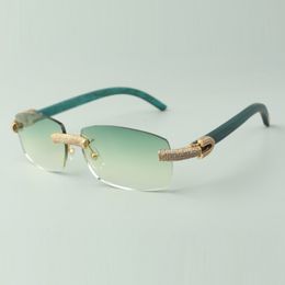 Gafas de sol de venta directa con diamantes micropavimentados 3524026 con patillas de madera natural verde azulado Gafas de diseñador, tamaño: 56-18-135 mm
