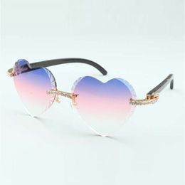 Ventes directes nouvelles lunettes de soleil en diamants à lentilles coupantes en forme de coeur 8300687 branches en corne de buffle noir naturel taille 58-18-140mm