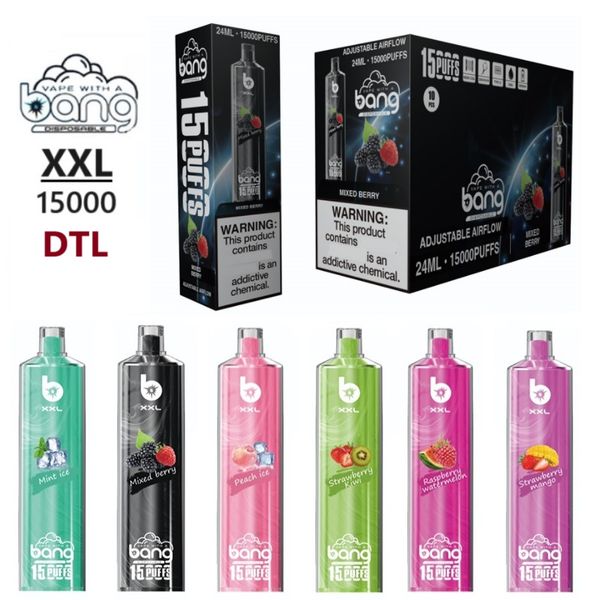 Direct to Lung Bang XXL Narguilé 15 000 bouffées Vape jetable DTL 24 ml Bobine de maille préremplie Barre de chicha Fond amovible Dispositif de dosette à débit d'air réglable Cigarettes électroniques