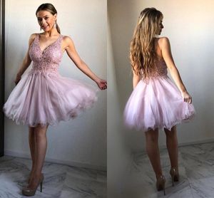 Vuile roze tule kant homecoming jurken v-hals pure riemen knielengte gezwollen op maat gemaakte korte prom jurken
