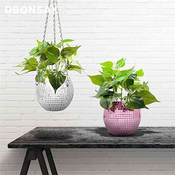 Bola de discoteca Maceta colgante para plantas de interior Estilo bohemio Macetas Macetas Cuerda Espejo Cesta colgante Jardín Decoración Florero 210922