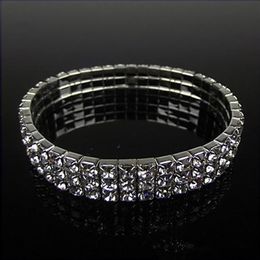 Korting Bruidsarmband 2019 Bruidssieraden 3 Rij Zilver Strass Bling Bling Kristal Stretch Bangle Dames Feest Gala Bruiloft A196q