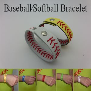 Korting echte lederen gele softbal naad armbanden en witte honkbal naad armband