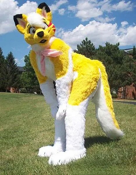 Discount usine jaune loup husky chien renard furseuit mascotte costume fantaisie déguise la fête d'anniversaire de la fête de Noël carnaval
