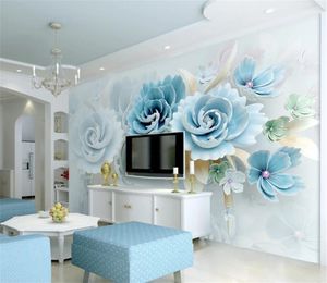 Descuento para papel tapiz barato Nuevas flores en relieve azul Sala de estar Dormitorio Fondo Decoración de pared Mural Papel de pared