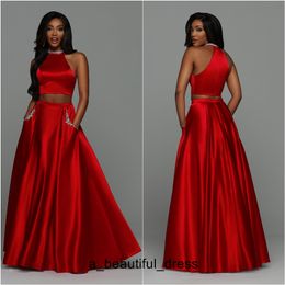 Discout Rode Twee Stuk Prom Dresses Halter Hals met Pockets Beaded Crystals Lange Een Lijn Satijn Beroemdheid Evening Formele Toga Goedkoop Ed1255