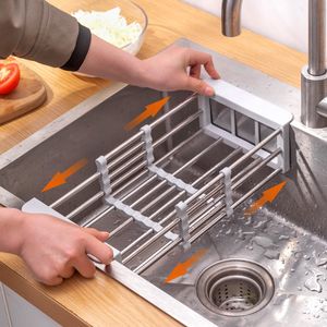Égouttoir à vaisselle réglable en acier inoxydable, support télescopique pour évier de cuisine, organisateur de lavage de fruits et légumes 230111