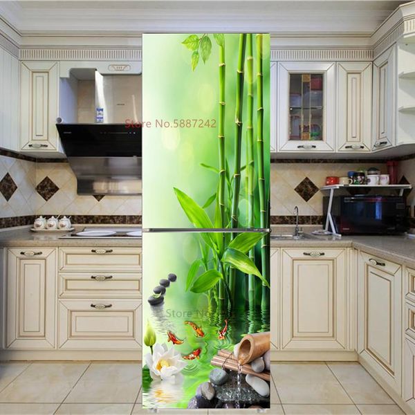 Vaisselle arabe réfrigérateur autocollant bambou forêt réfrigérateur papier peint vinyle porte couverture bière auto-adhésif Mural cuisine décor décalcomanie affiche