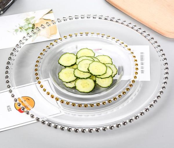 Plats Assiette de chargeur transparente avec bord de perles dorées, assiettes de Service décoratives en plastique acrylique, service de dîner, décoration de fête de mariage et de noël 8999071